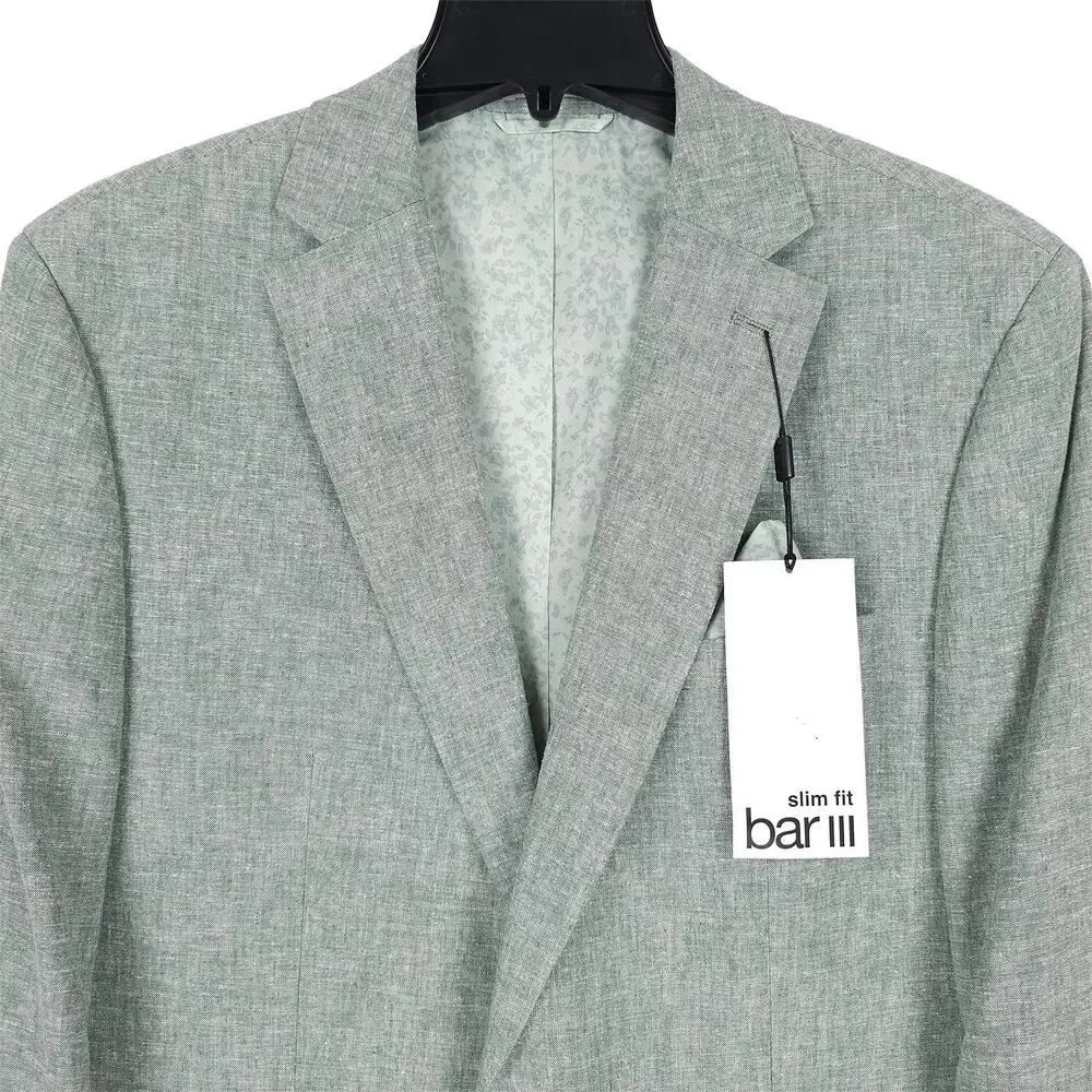Bar III Mens Slim Fit Suit Jacket Blazer 44R Green Solid Linen Cotton Blend NWT